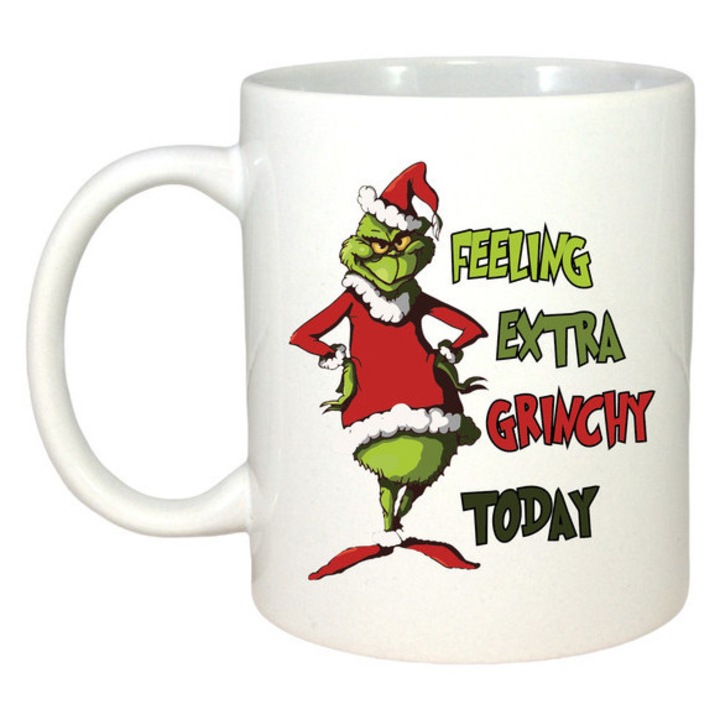 Cana Feeling Extra Grinchy Today Grinch Santa, Craciun, Sarbatori, Cadou, Secret Santa, Cri-Flo, Culoare Alb, 330 ml