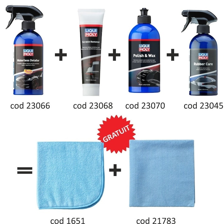 Set intretinere exterior auto, Liqui Moly, solutie intretinere vopsea 500ml, pasta astupat zgarieturi 100ml, pasta polish+cera 500ml, cauciuc 500ml, multicolor