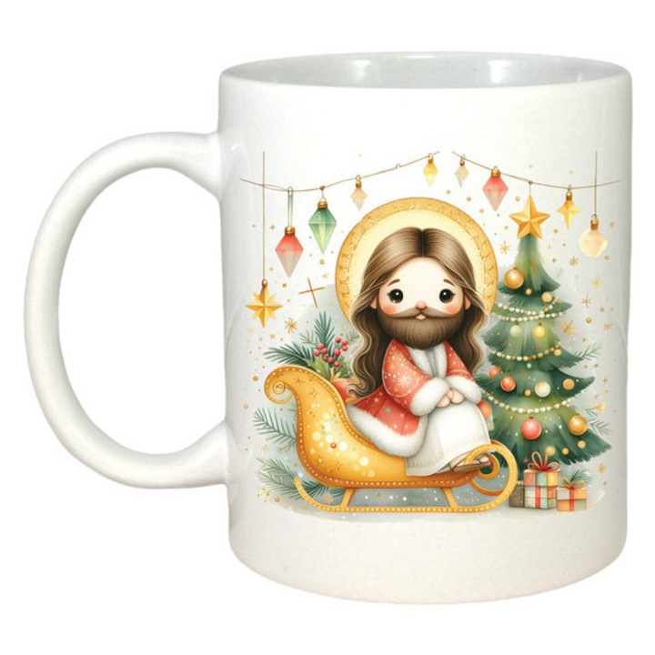 Cana Isus Copil Pe Sanie Aurie Cu Brad, Craciun, Sarbatori, Cadou, Secret Santa, Cri-Flo, Culoare Alb, 330 ml
