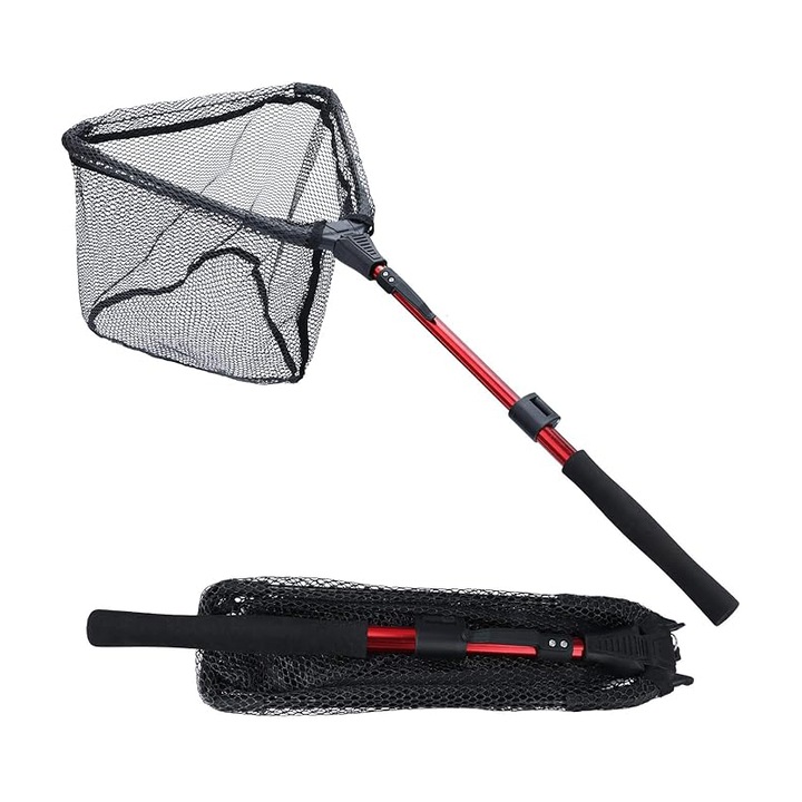 Правоъгълна телескопична кепче, BOMSTOM, с диаметър 30x30 см, с телескопична дръжка, сгъваема, екологична и щадяща рибите, за солена и сладка вода, 90 см, алуминий, черно/червено
