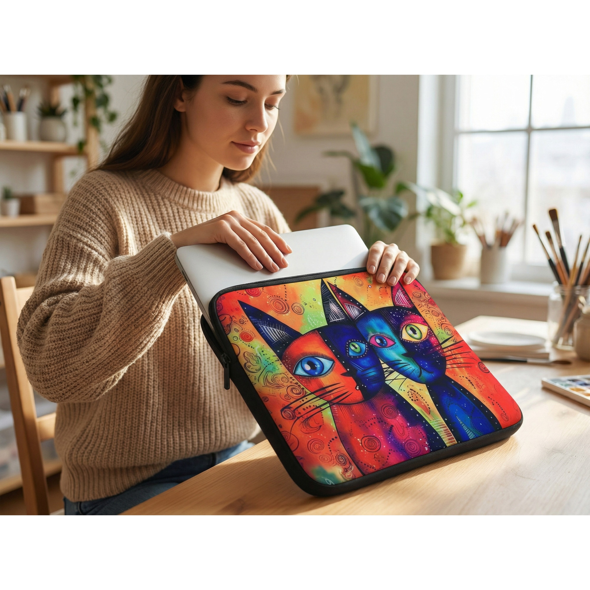 Husa pentru MacBook Pro/Air sau Laptop 14-15 inch, Tip Sleeve, Artinplace, Design Artistic,, Pisicile Spiritului", Neopren, Protectie Anti-Soc, Impermeabila, Multicolor