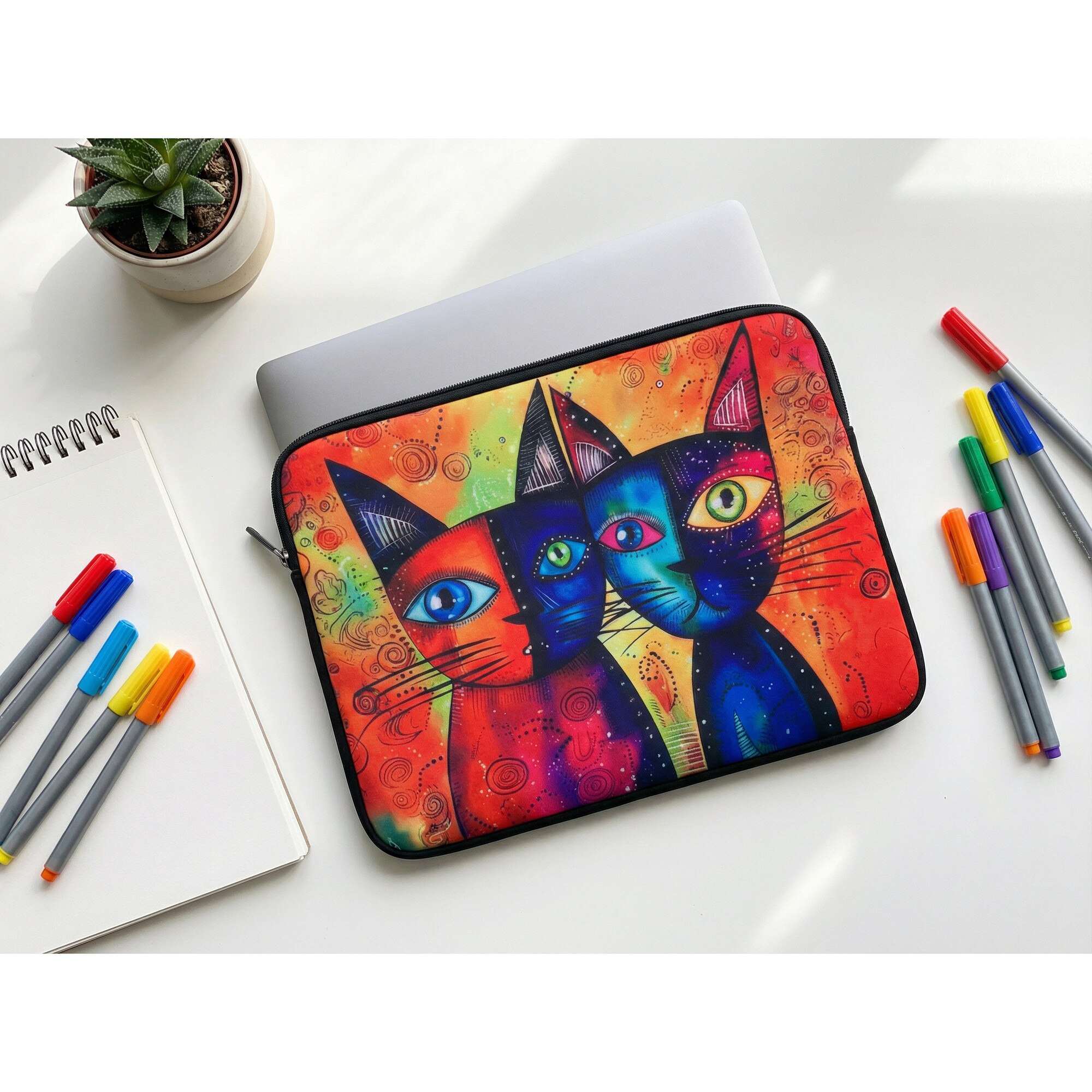 Husa pentru MacBook Pro/Air sau Laptop 14-15 inch, Tip Sleeve, Artinplace, Design Artistic,, Pisicile Spiritului", Neopren, Protectie Anti-Soc, Impermeabila, Multicolor