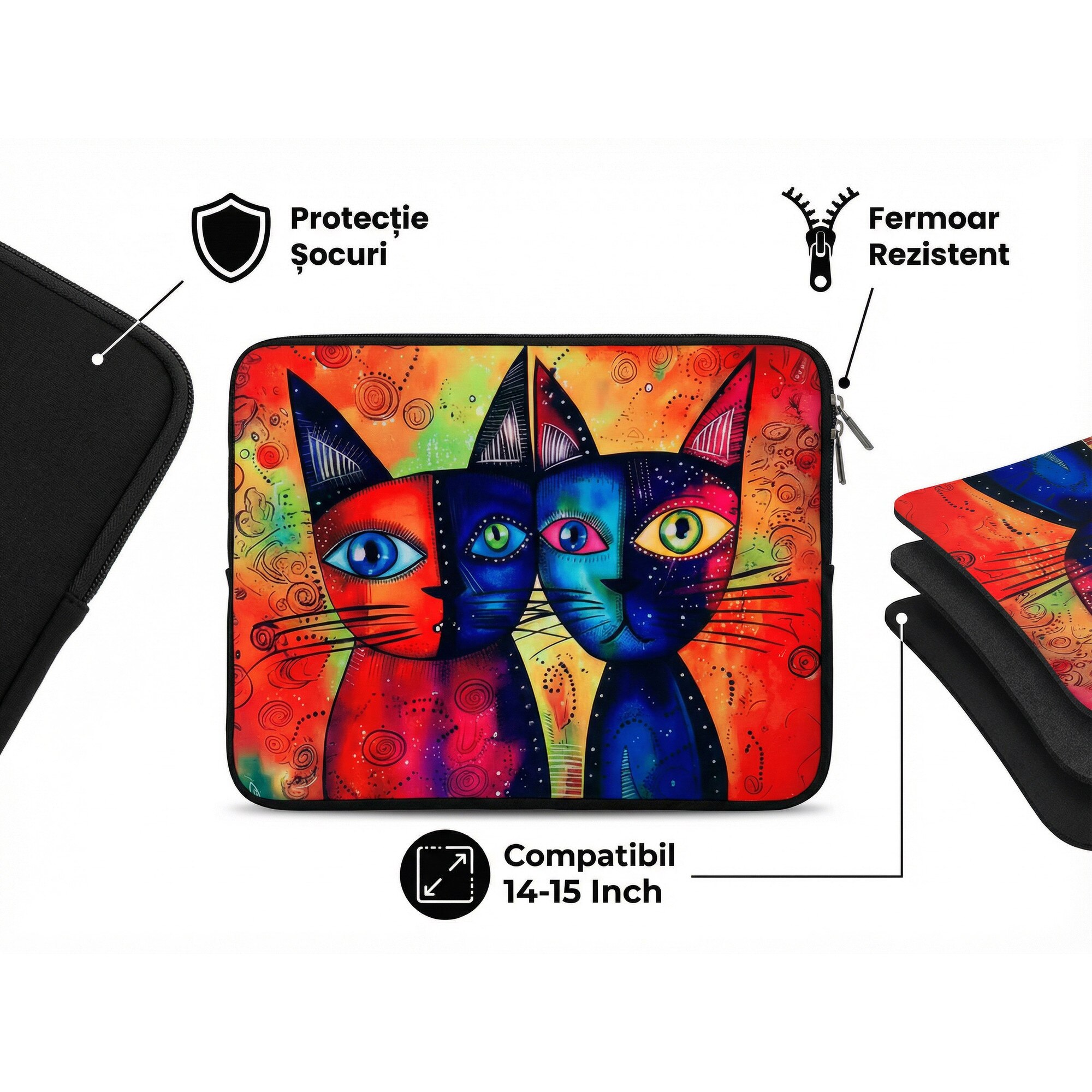 Husa pentru MacBook Pro/Air sau Laptop 14-15 inch, Tip Sleeve, Artinplace, Design Artistic,, Pisicile Spiritului", Neopren, Protectie Anti-Soc, Impermeabila, Multicolor
