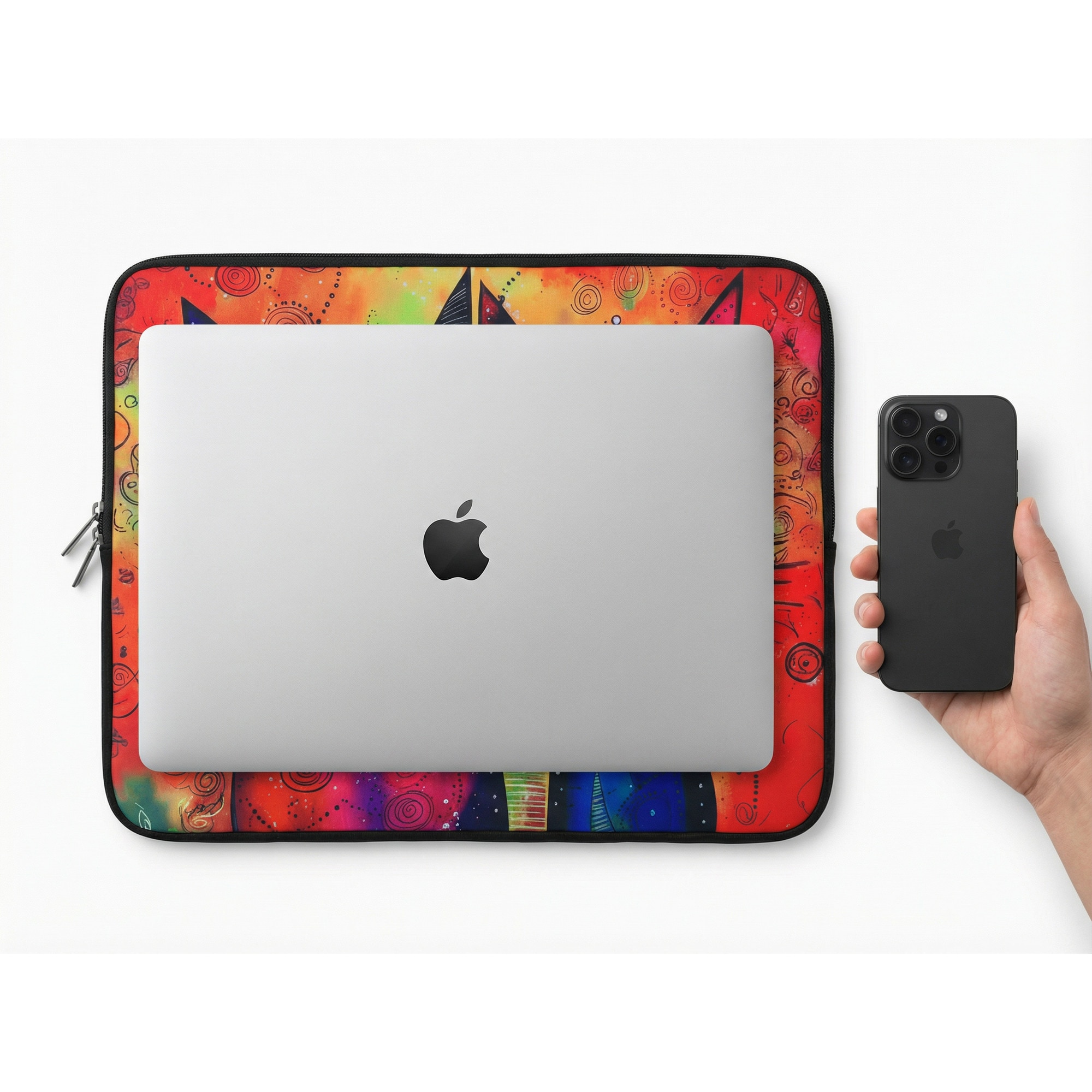 Husa pentru MacBook Pro/Air sau Laptop 14-15 inch, Tip Sleeve, Artinplace, Design Artistic,, Pisicile Spiritului", Neopren, Protectie Anti-Soc, Impermeabila, Multicolor