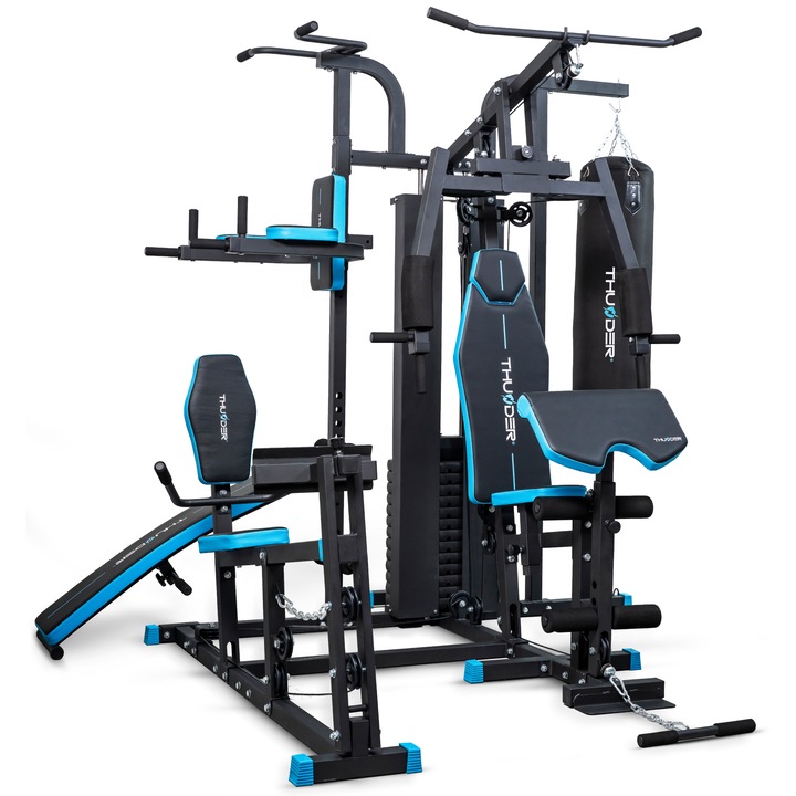 Aparat multifunctional Thunder Diglet, 6 posturi de lucru, piept, antrenamentul picioare, banca exercitii, sac de box, maxima suportata 120kg, greutati incluse 80kg, bara tractiuni