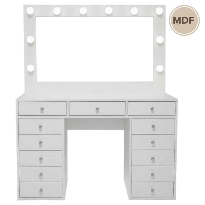 Masa Machiaj Profesionala Biralfie, Masa make-up, Masa Machiaj cu Oglinda, Masuta toaleta, Masa cosmetica, Masa Vanity, model ELA, MDF alb lucios, 13 sertare, Oglinda LED, 160x50x170 cm