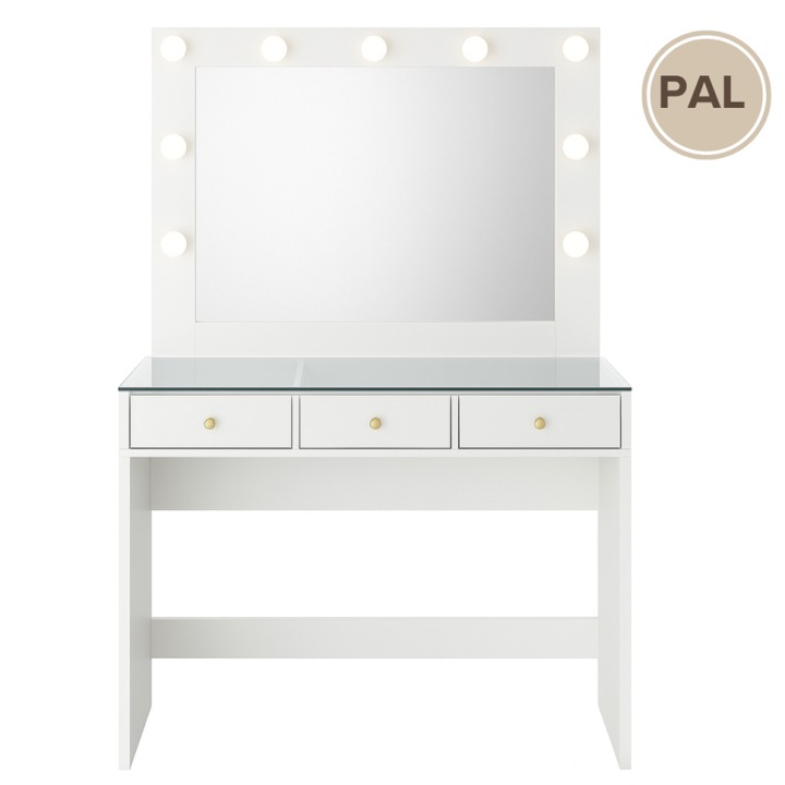 Masa Machiaj Profesionala Biralfie, Masa make-up, Masa Machiaj cu Oglinda, Masuta toaleta, Masa cosmetica, Masa Vanity, model Diana, PAL Alb Perlat, 3 sertare, Oglinda LED, 160x50x170 cm