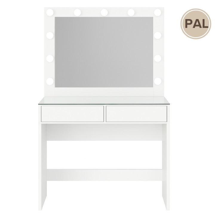 Masa Machiaj Profesionala Biralfie, Masa make-up, Masa Machiaj cu Oglinda, Masuta toaleta, Masa cosmetica, Masa Vanity, model LIORA, PAL ALB PERLAT, 2 sertare, Oglinda LED, 120x50x170 cm