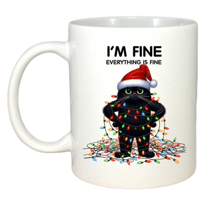 Cana Pisica Neagra Cu Instalatie De Craciun, Craciun, Sarbatori, Cadou, Secret Santa, Cri-Flo, Culoare Alb, 330 ml