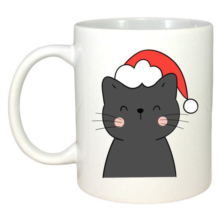 Cana Pisica Neagra Cu Caciula, Craciun, Sarbatori, Cadou, Secret Santa, Cri-Flo, Culoare Alb, 330 ml