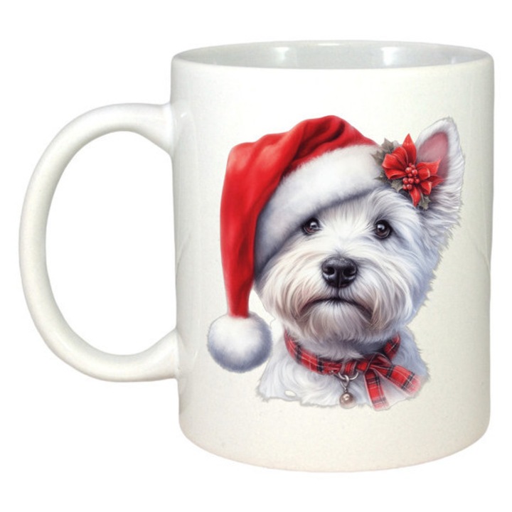 Cana Westie Craciun Cu Fundita Rosie, Craciun, Sarbatori, Cadou, Secret Santa, Cri-Flo, Culoare Alb, 330 ml