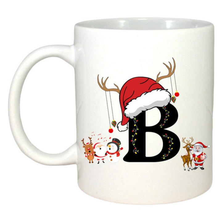 Cana B Litera Cu Luminite Reni Si Mos Craciun, Craciun, Sarbatori, Cadou, Secret Santa, Cri-Flo, Culoare Alb, 330 ml