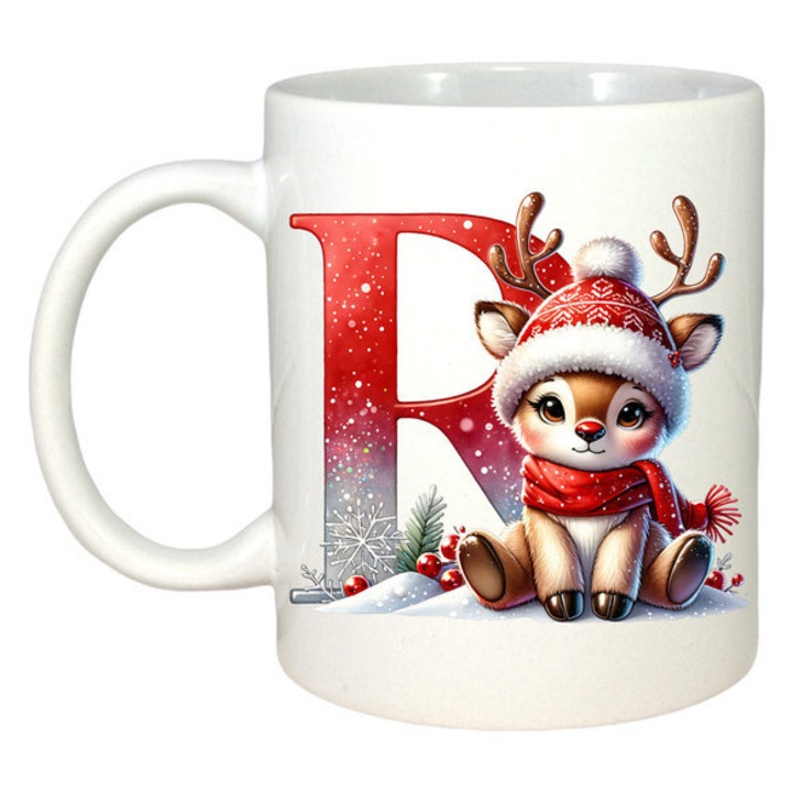 Cana R Litera Craciun Cu Ren Si Fulgi, Craciun, Sarbatori, Cadou, Secret Santa, Cri-Flo, Culoare Alb, 330 ml