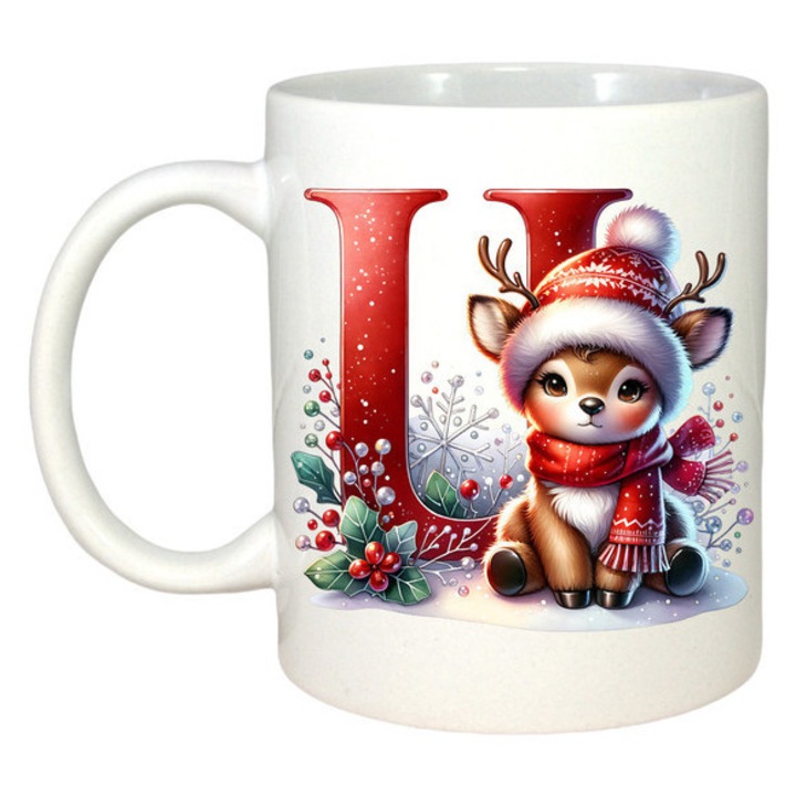 Cana U Litera Craciun Cu Ren Si Fulgi, Craciun, Sarbatori, Cadou, Secret Santa, Cri-Flo, Culoare Alb, 330 ml