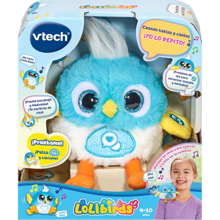 Интерактивна плюшена птица за рамо LoLibirds, VTECH, повтаряща какво казваш, пееща, Синя, 4Y+