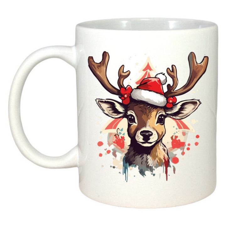 Cana Cap De Ren Cu Caciula De Mos, Craciun, Sarbatori, Cadou, Secret Santa, Cri-Flo, Culoare Alb, 330 ml