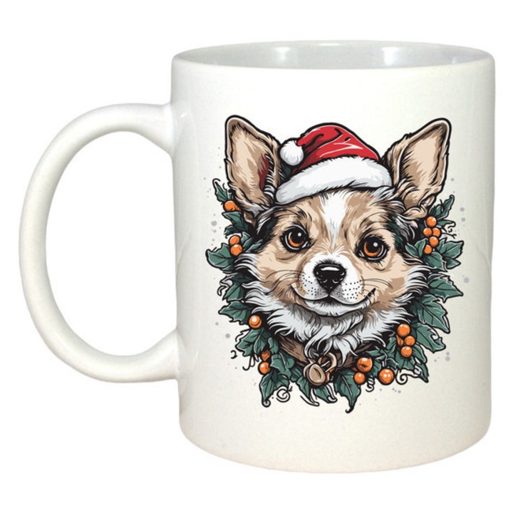 Cana Catel Husky Cu Decor De Craciun, Craciun, Sarbatori, Cadou, Secret Santa, Cri-Flo, Culoare Alb, 330 ml