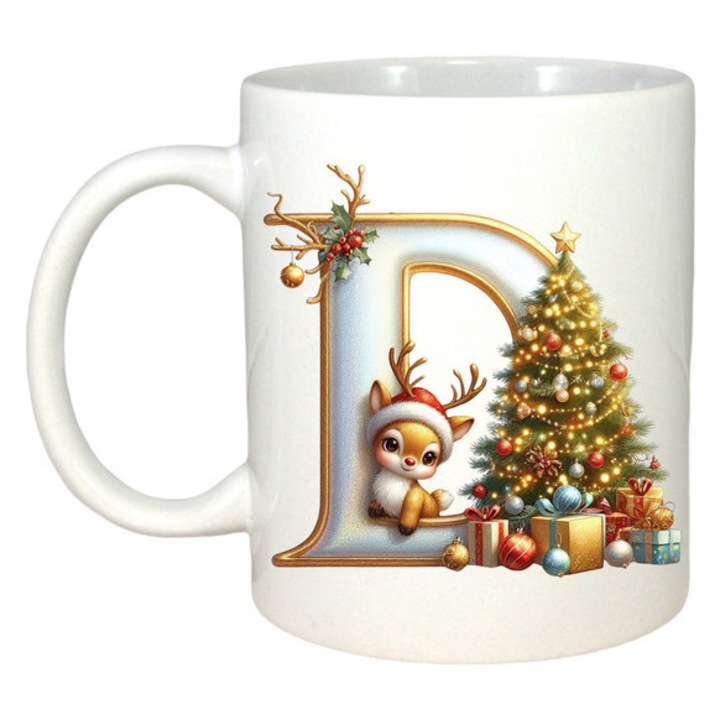 Cana CRI-FLO D Litere Craciun, Ceramica Alb, 330 ml, Personalizabila, Ren, Brad, Luminite