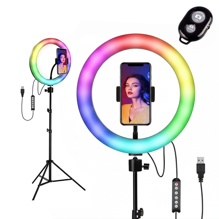 NEXTLY kör alakú LED RGBW Ring Light lámpa készlet + szelfi távirányító, meleg/hideg/semleges/RGB fény, többféle RGB világítási mód, 12 intenzitási fokozat, telefontartó, vezetékes távirányító, USB tápegység, 210 cm-es állvány, 26 cm átmérő