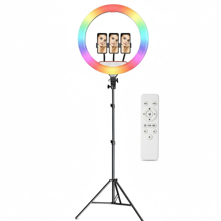 Lampa circulara Ring Light LED RGBW NEXTLY, lumina calda/rece/neutra/RGB, multiple moduri de iluminare RGB, intensitate/temperatura reglabila, 3 suporturi telefon, telecomanda, 2xUSB, alimentare cablu, trepied 210cm, diametru 45cm