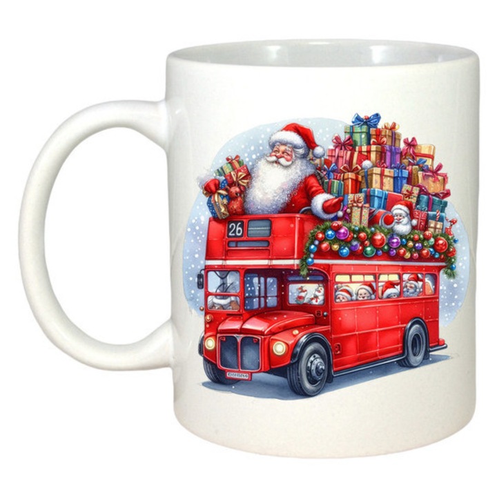 Cana Mos Craciun In Autobuz Rosu Cu Acoperis Plin De Cadouri, Craciun, Sarbatori, Cadou, Secret Santa, Cri-Flo, Culoare Alb, 330 ml