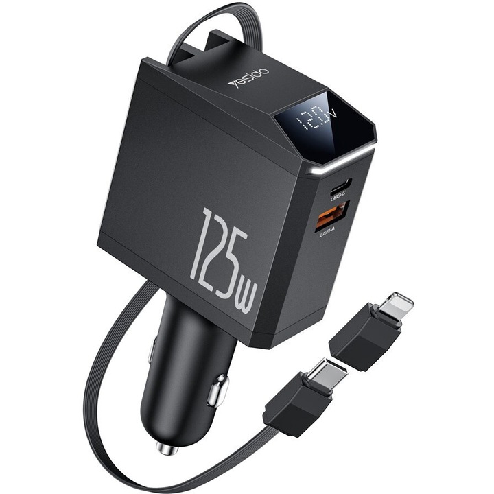 Încărcător mobil Yesido cablu retractabil Lightning USB-A + USB-C 125W Negru