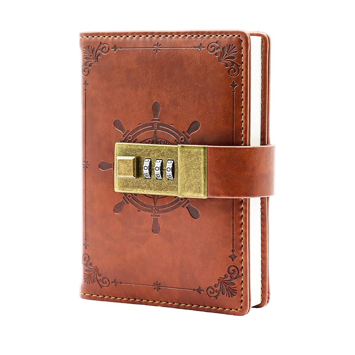 Zárható napló, zárható naplórendező, vintage műbőr, vonalas oldalak egyetemi vonalzókhoz, otthoni irodába, ajándékokhoz és írószerekhez - retro stílus, barna