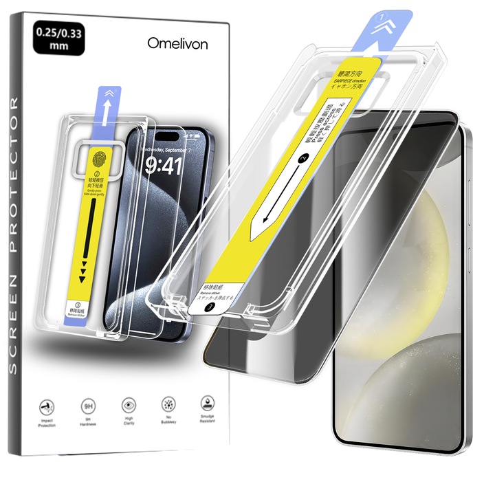Фолио за защита на личния живот Omelivon, за Samsung Galaxy S24 Plus / S25 Plus, Закалено стъкло, Черни ръбове, Комплект за нанасяне, Издръжливост 9H+, Ultra HD, Против отпечатъци