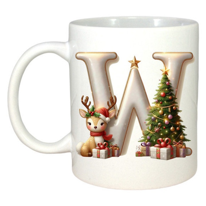 Cana CRI-FLO W Litere Craciun, Alb, 330 ml, Ceramica, Personalizabila