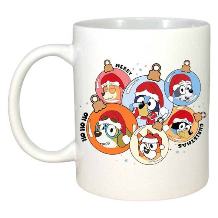 Cana Colectie Capete Personaje Bluey Circular, Craciun, Sarbatori, Cadou, Secret Santa, Cri-Flo, Culoare Alb, 330 ml