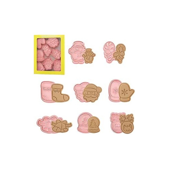 Set 8 forme pentru biscuiti si fursecuri, Craciun, 8 piese cu stampila, Roz pal