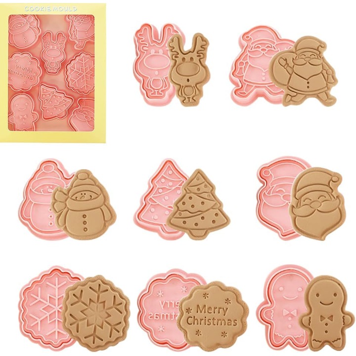 Set 8 forme pentru biscuiti si fursecuri, Craciun, 8 piese cu stampila, Roz deschis