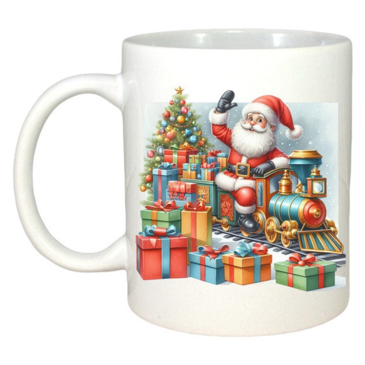 Cana Mos Craciun Cu Tren De Jucarie Si Cadouri, Craciun, Sarbatori, Cadou, Secret Santa, Cri-Flo, Culoare Alb, 330 ml