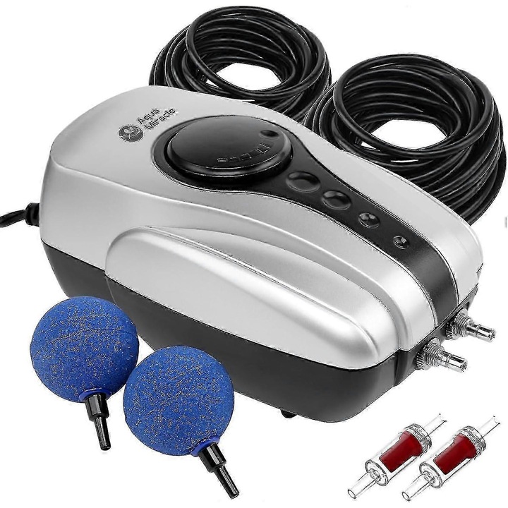 Kit de aerare pentru iaz, pompa de aer, 8W, 4 pietre de aer, 4 supape de retur, 30ft tuburi, pentru iazuri de pana la 2000 galoane