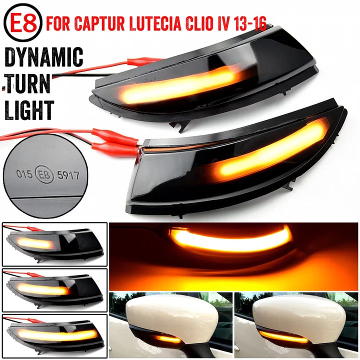 Semnalizari dinamice LED pentru Renault Captur, Clio 4, Zoe, Lutecia, Kaptur si Nissan Micra K14, 2012–2019, lentila semi-fumurie, montaj Plug & Play, cod OE 261659450R, fara eroare, IP67 E-Mark CE DOT