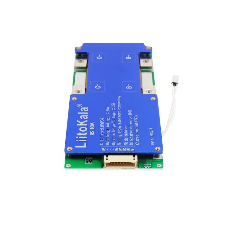 Modul BMS pentru baterii LiFePO4 8S 24V 100A, cu functie de echilibrare pasiva termica (heat passive balance) si interfata UART, conceput pentru gesti