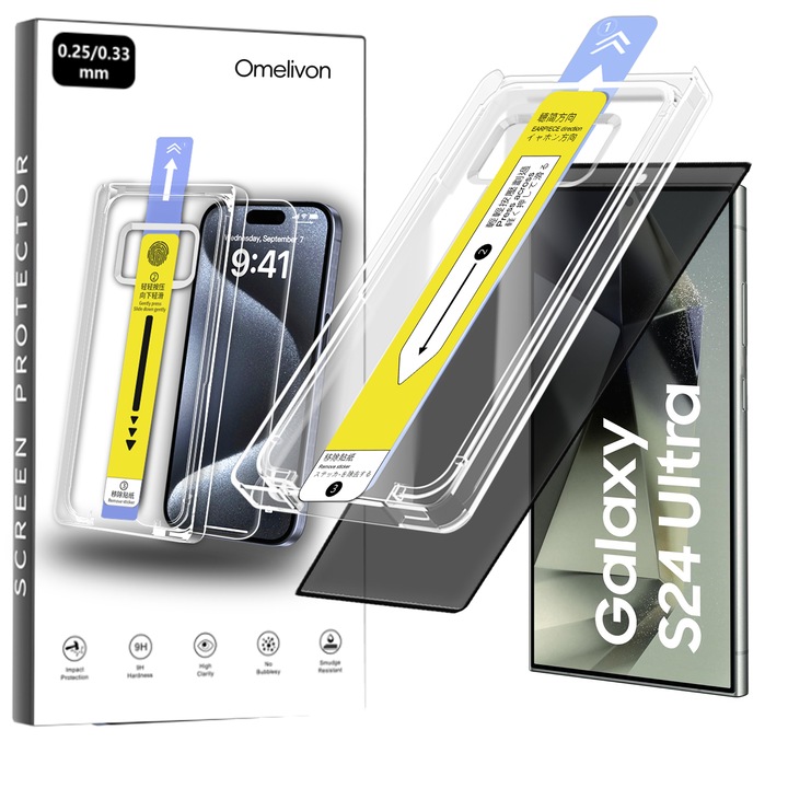 Folie Protectie Privacy Omelivon pentru Samsung Galaxy S24 Ultra, Sticla Securizata, Full Cover, Margini negre, Duritate 9H+, Kit de Aplicare Instanta