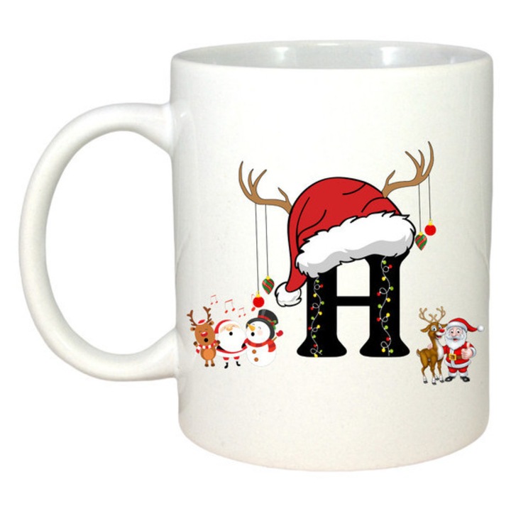 Cana H Litera Cu Luminite Reni Si Mos Craciun, Craciun, Sarbatori, Cadou, Secret Santa, Cri-Flo, Culoare Alb, 330 ml