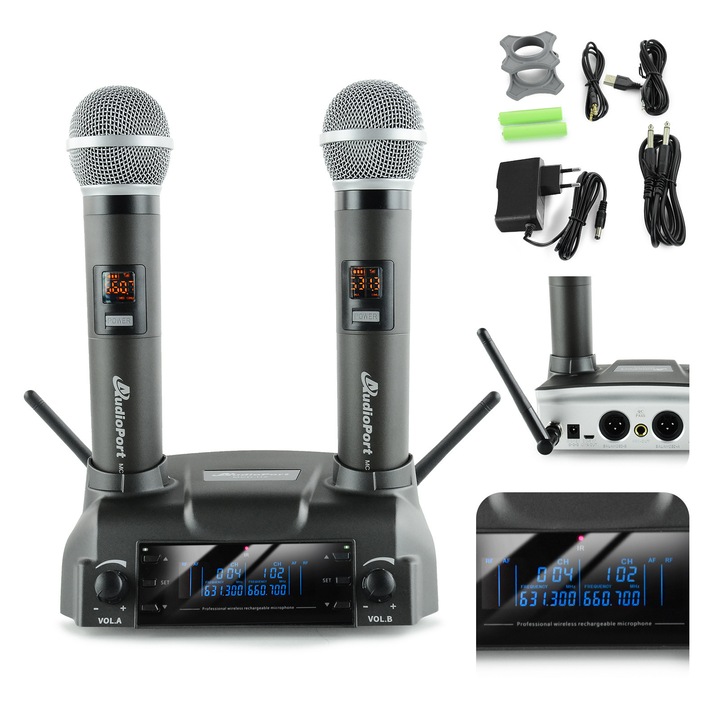 Set microfoane wireless UHF, Audioport MCD-U2, 2 microfoane dinamice, incarcare inductiva, 50m, 40Hz-18kHz