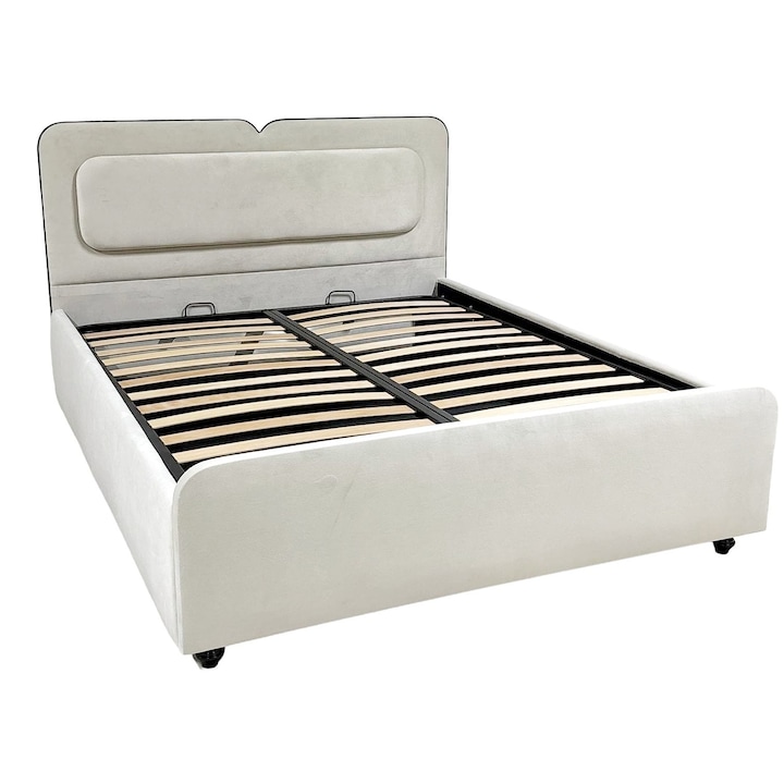 Pat Matrimonial Tapitat, de lux, cu Somiera Rabatabila si Lada de Depozitare, alb murdar, 140x200