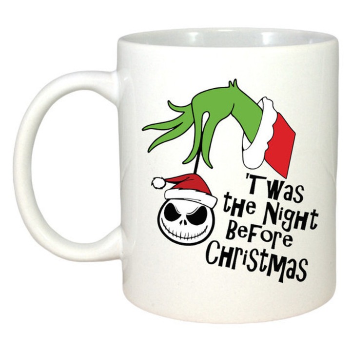 Cana CRI-FLO Grinch Jack Skellington Crăciun Alb 330 ml, ideală pentru cadouri