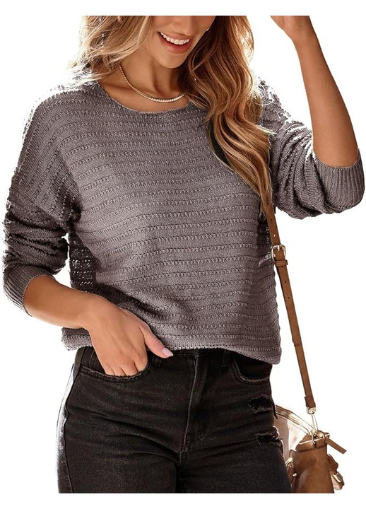 Pulover Subtire Dama cu Maneci Largi – Lejer, Tricotat, cu Guler Rotund, Casual-Elegant pentru Primavara, Toamna si Iarna, Roz, Gri