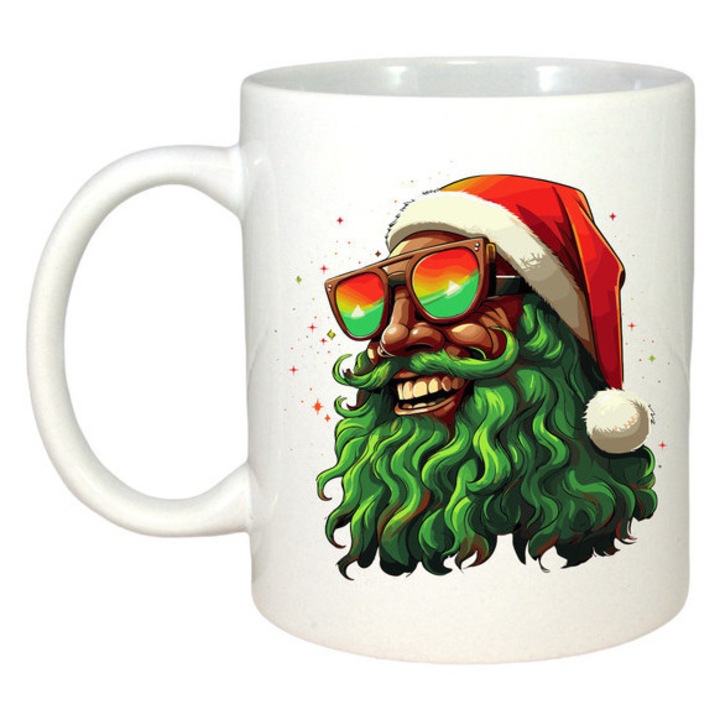Cana Mos Craciun Cu Barba Verde Cool, Craciun, Sarbatori, Cadou, Secret Santa, Cri-Flo, Culoare Alb, 330 ml
