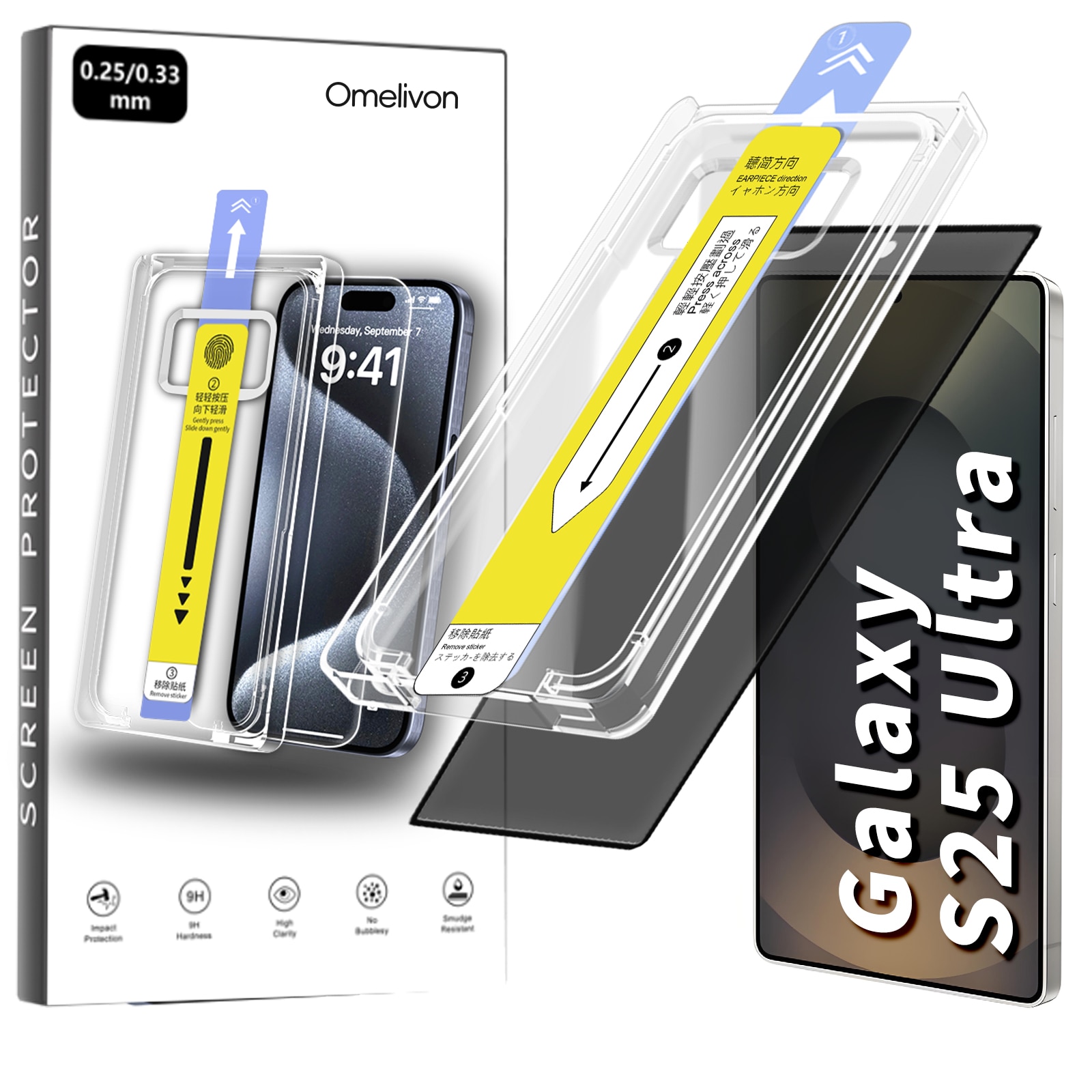 Folie Protectie Privacy compatibila cu Samsung Galaxy S25 Ultra, Omelivon, Sticla Securizata, Full Cover, Margini negre, cu Kit de Aplicare Instanta si Functie Automata de Indepartare a Prafului, Duritate 9H+, Ultra HD, Anti Amprente
