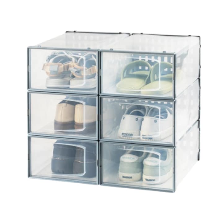 Pantofar stivuibil, 6 compartimente, suport incaltaminte, cutie depozitare pantofi, transparenta, ventilata, respirabila