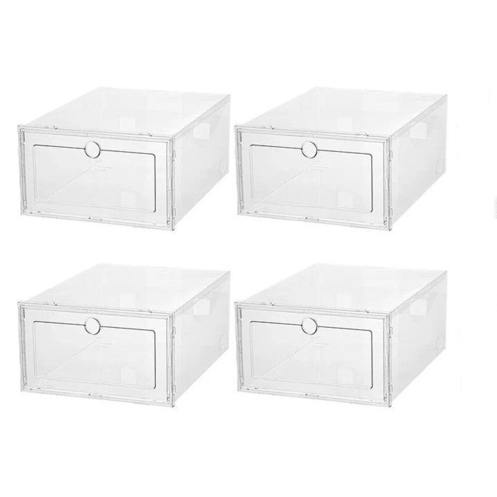 Cutie de depozitare pantofi, 4 compartimente, transparenta, inchidere cu capac
