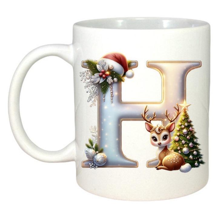 Cana H Litere Craciun Cu Ren, Brad, Luminite Si Cadouri, Craciun, Sarbatori, Cadou, Secret Santa, Cri-Flo, Culoare Alb, 330 ml