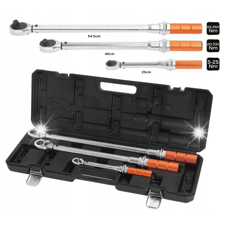 Set chei dinamometrice NEO 1/4", 3/8", 1/2", 3 piese, 5-350 Nm, lungimi 25cm, 46cm, 54.5cm