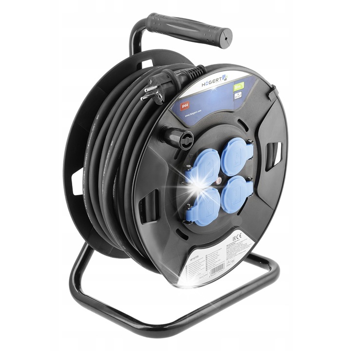 Prelungitor bobinat HOGERT 30m, 4 prize, 3000W, IP44, cablu negru