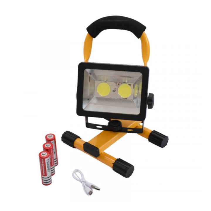 Lampa de lucru LED, 2x COB 30W, acumulator 3x 18650, suport prindere, negru/galben